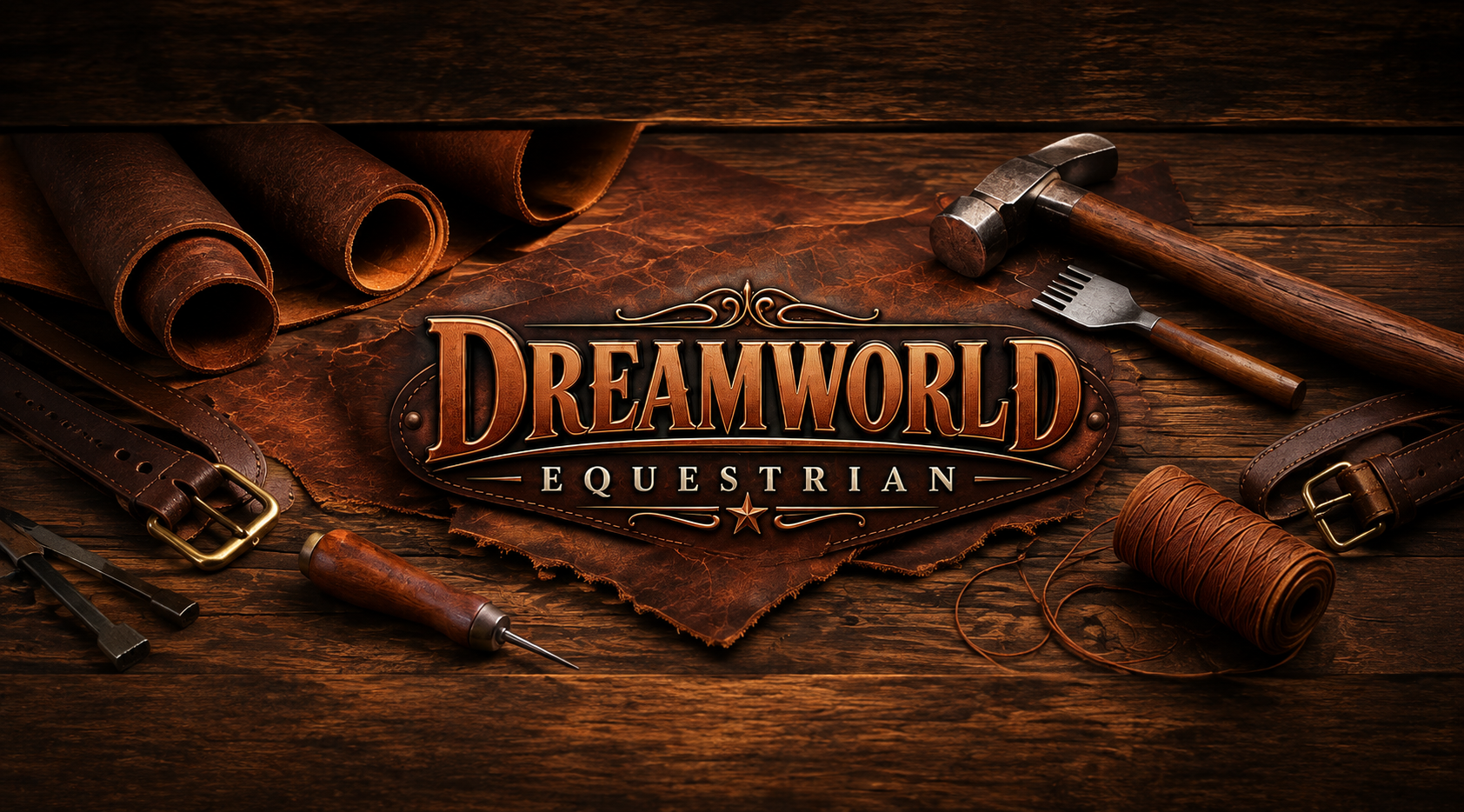 Dreamworld Equestrian leather craftsmanship with traditional leatherworking tools and leather materials